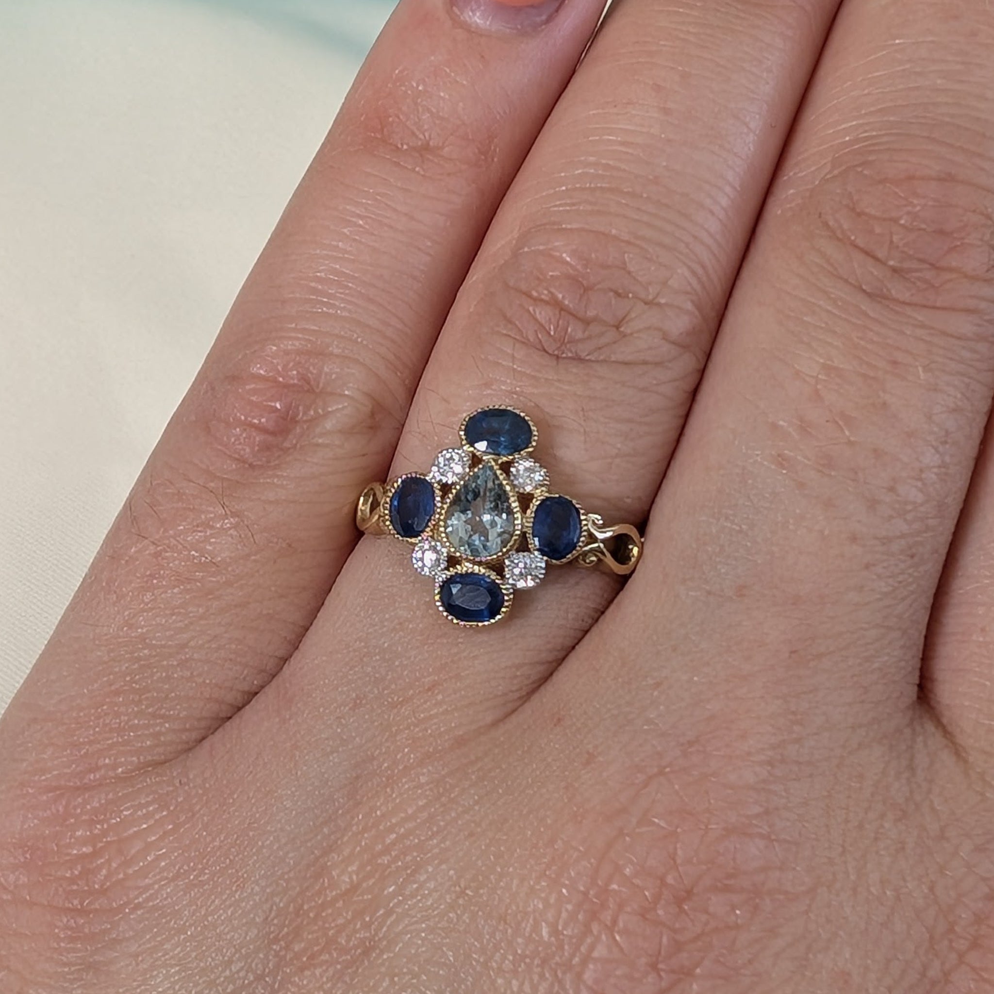 Aquamarine, Sapphire and Diamond Cluster Ring in 9ct Gold