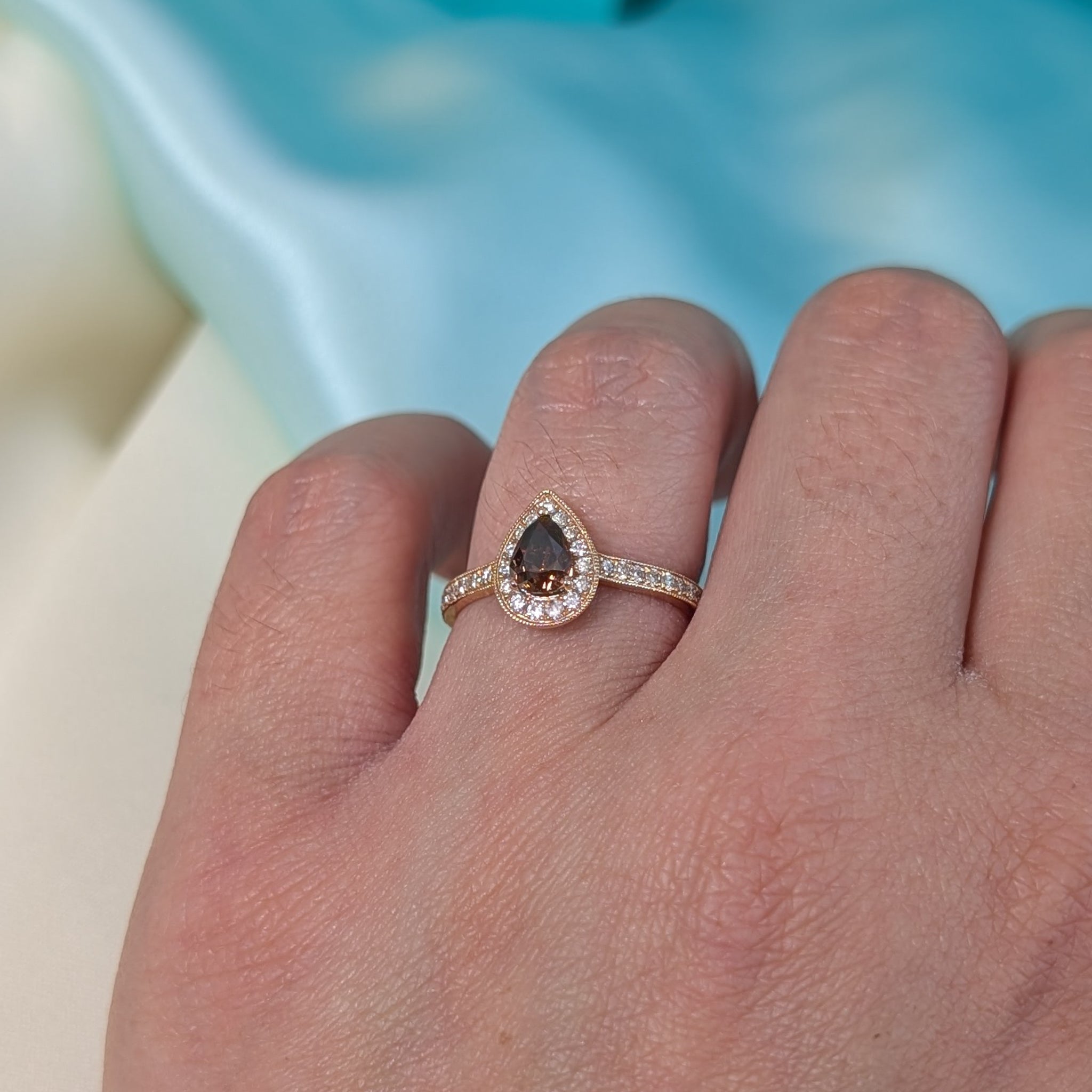 Chocolate and white diamond halo cluster ring in 18ct rose gold, 0.86ct