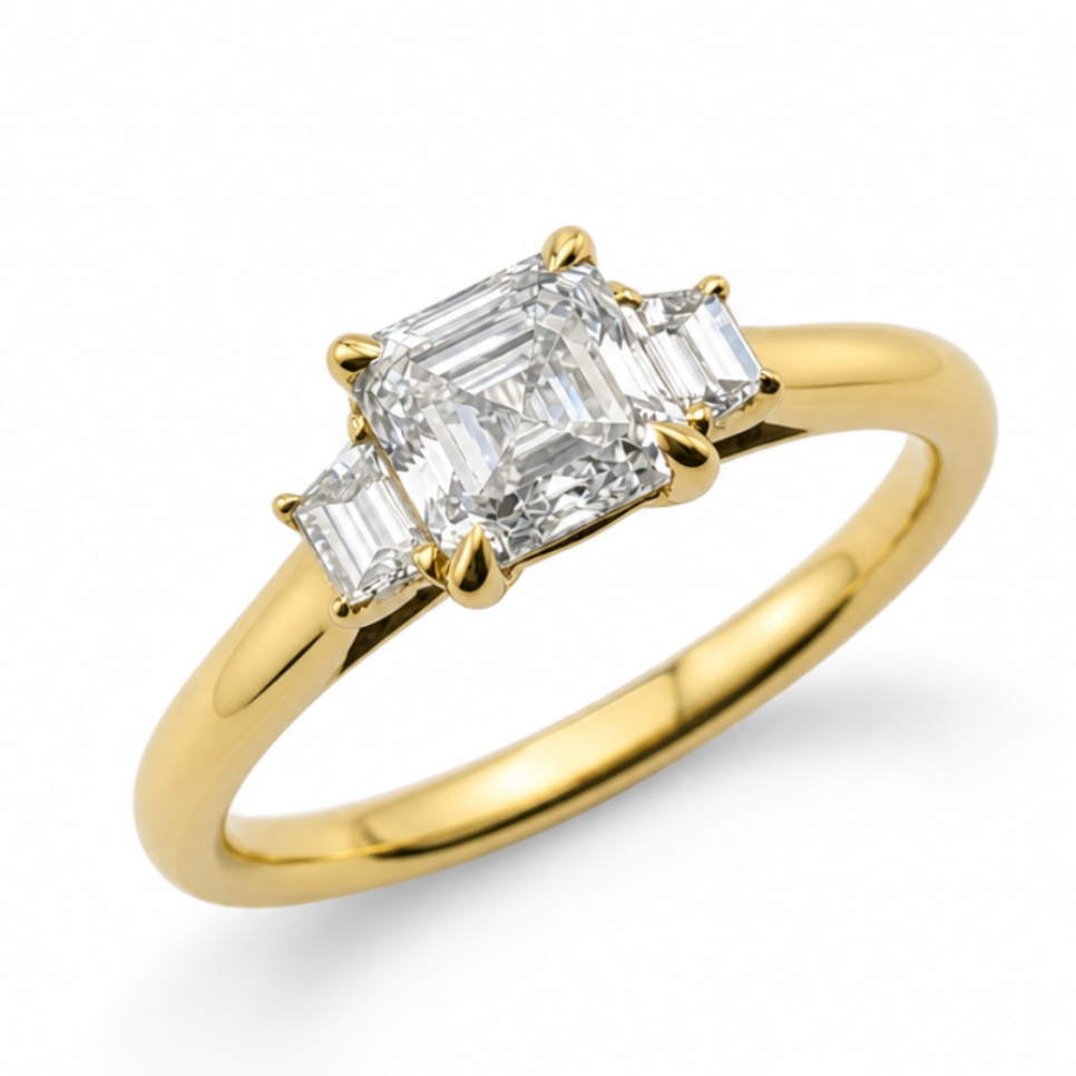 Asscher Cut Diamond Three Stone Engagement Ring in 18ct Gold, 0.95ct