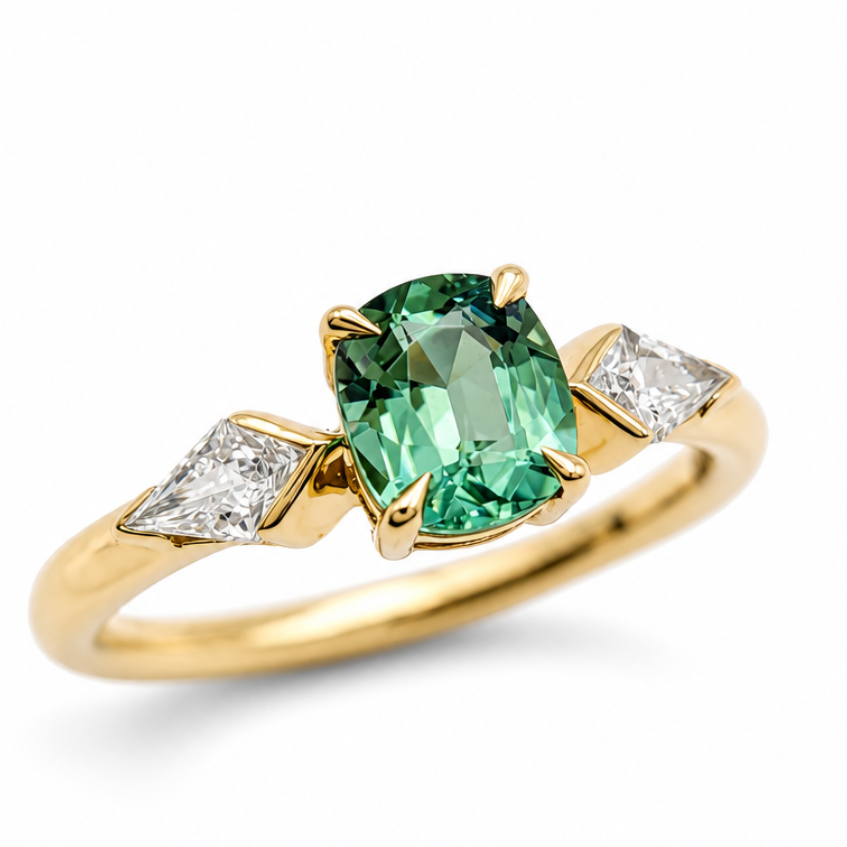 Green Lagoon Tourmaline & Diamond Three Stone Ring in 9ct Yellow Gold, 0.97ct