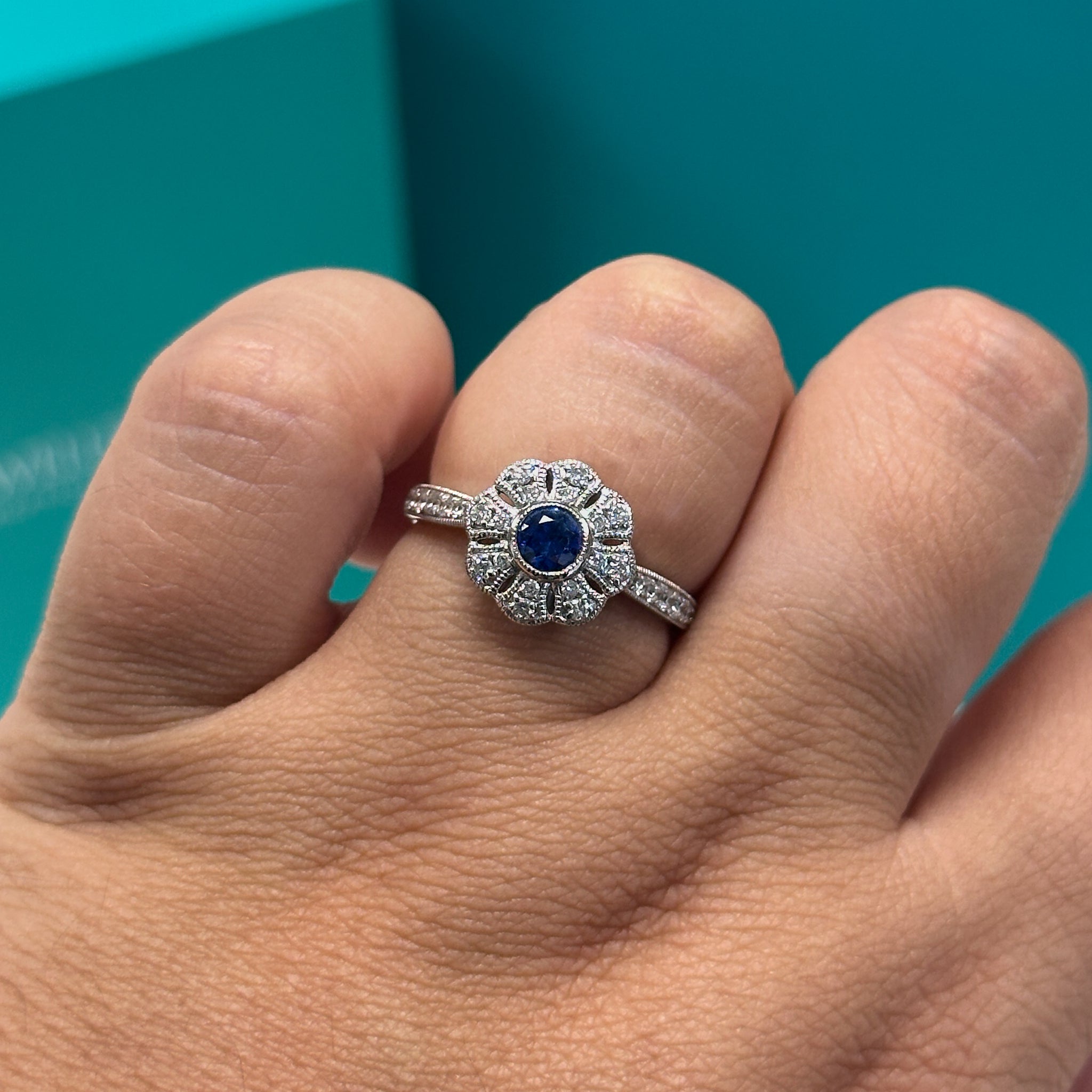 Sapphire & Diamond Floral Cluster Ring in 18ct White Gold