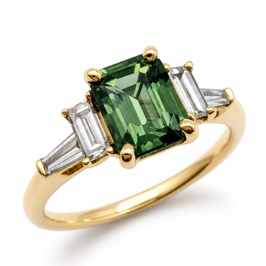Green Sapphire & Diamond Ring with Diamond Set Shoulders in 18ct Yellow Gold, 1.57ct