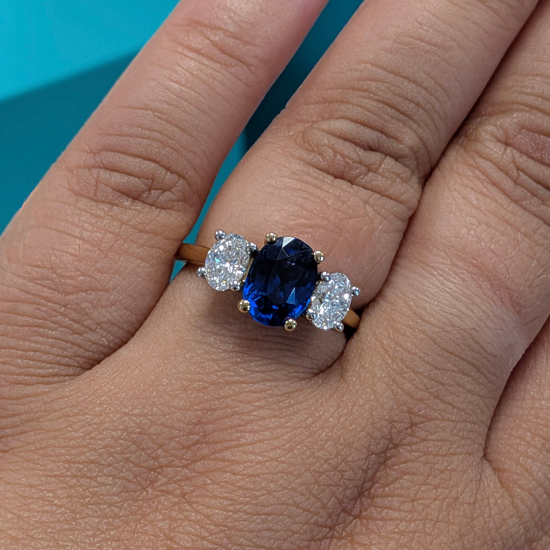 Oval Sapphire & Diamond Three Stone Engagement Ring in 18ct Yellow Gold and Platinum, 3.19ct