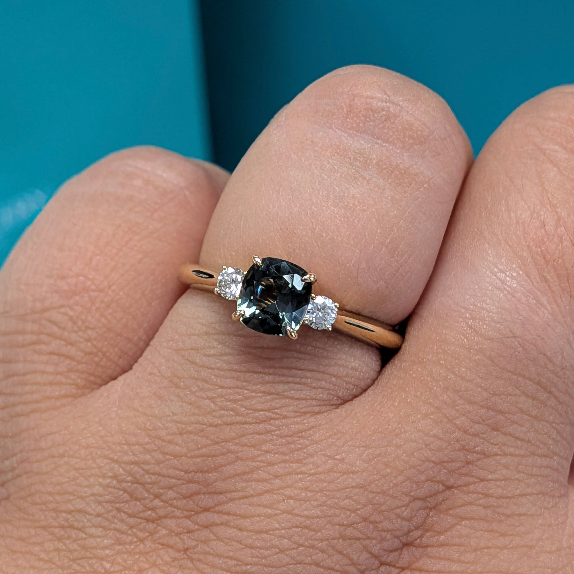 Teal Green Sapphire & Diamond Three Stone Engagement Ring in 18ct Yellow Gold, 1.04ct