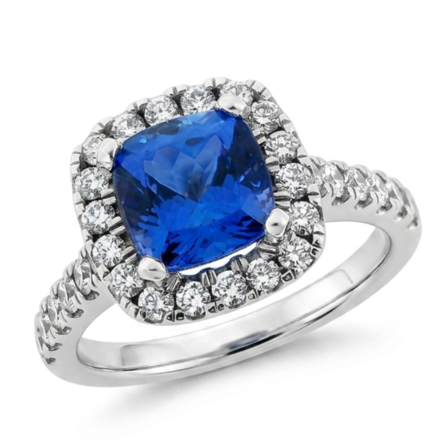 Tanzanite & Diamond Cushion Shape Halo Ring in Platinum