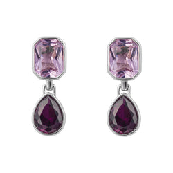 Pink and purple crystal octagon and teardrop earrings in silver.