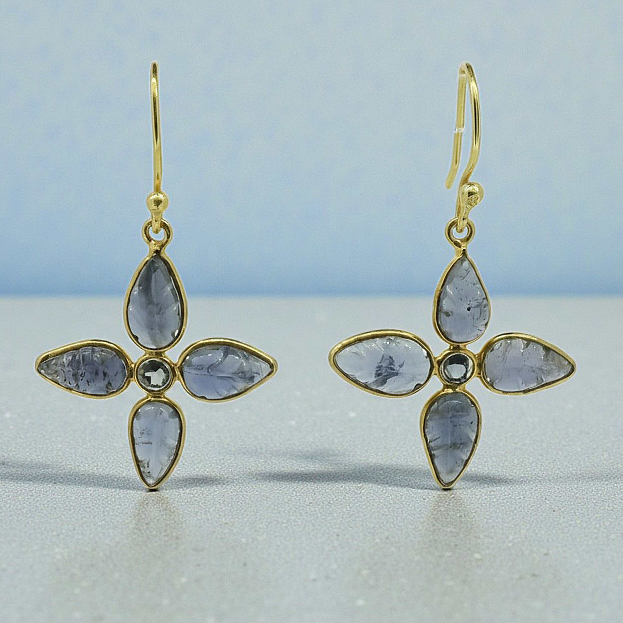 Iolite Flower Drop Earrings in Gold Plated Vermeil
