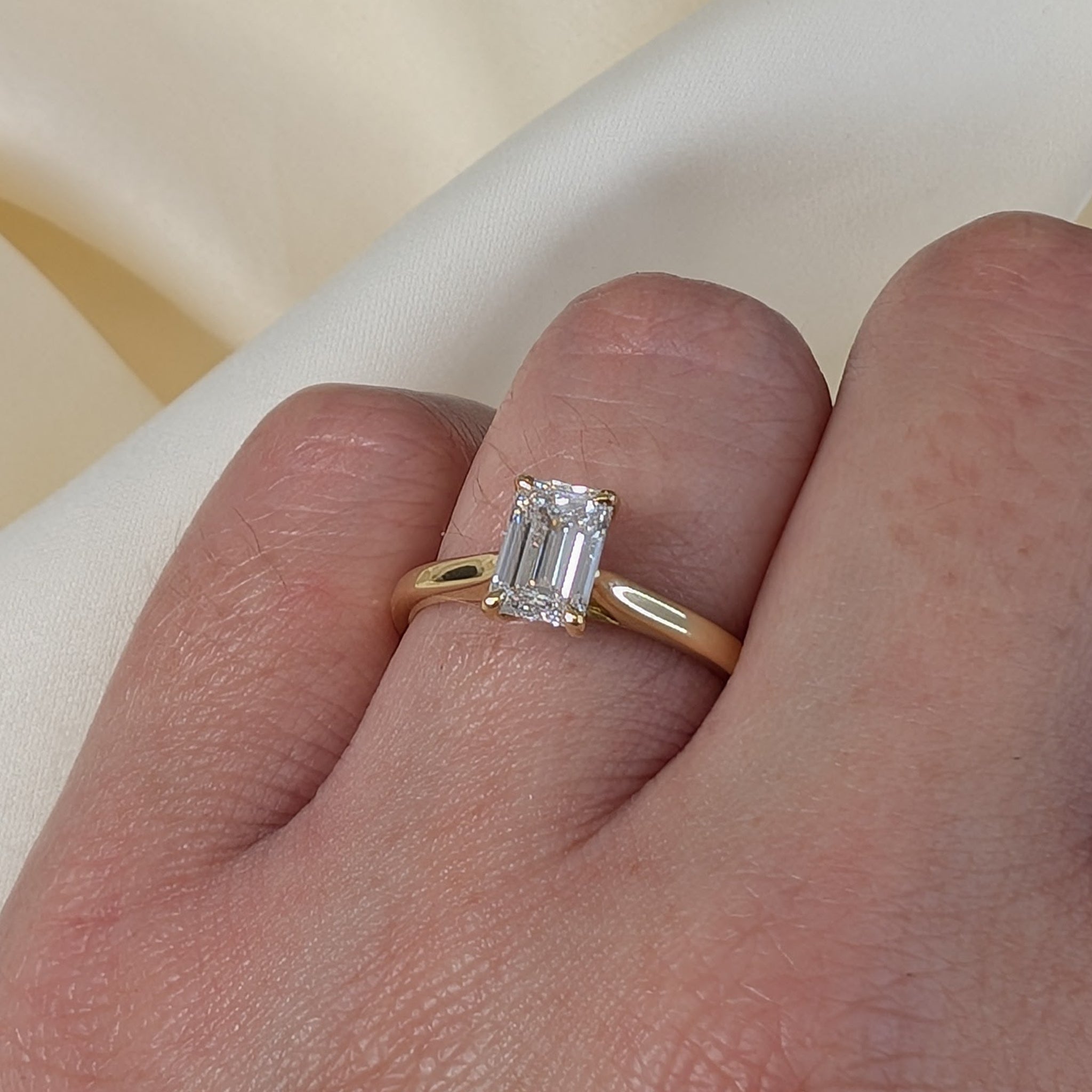 Laboratory Grown Emerald Cut Diamond Solitaire Ring in 18ct Yellow Gold, 1.05ct.