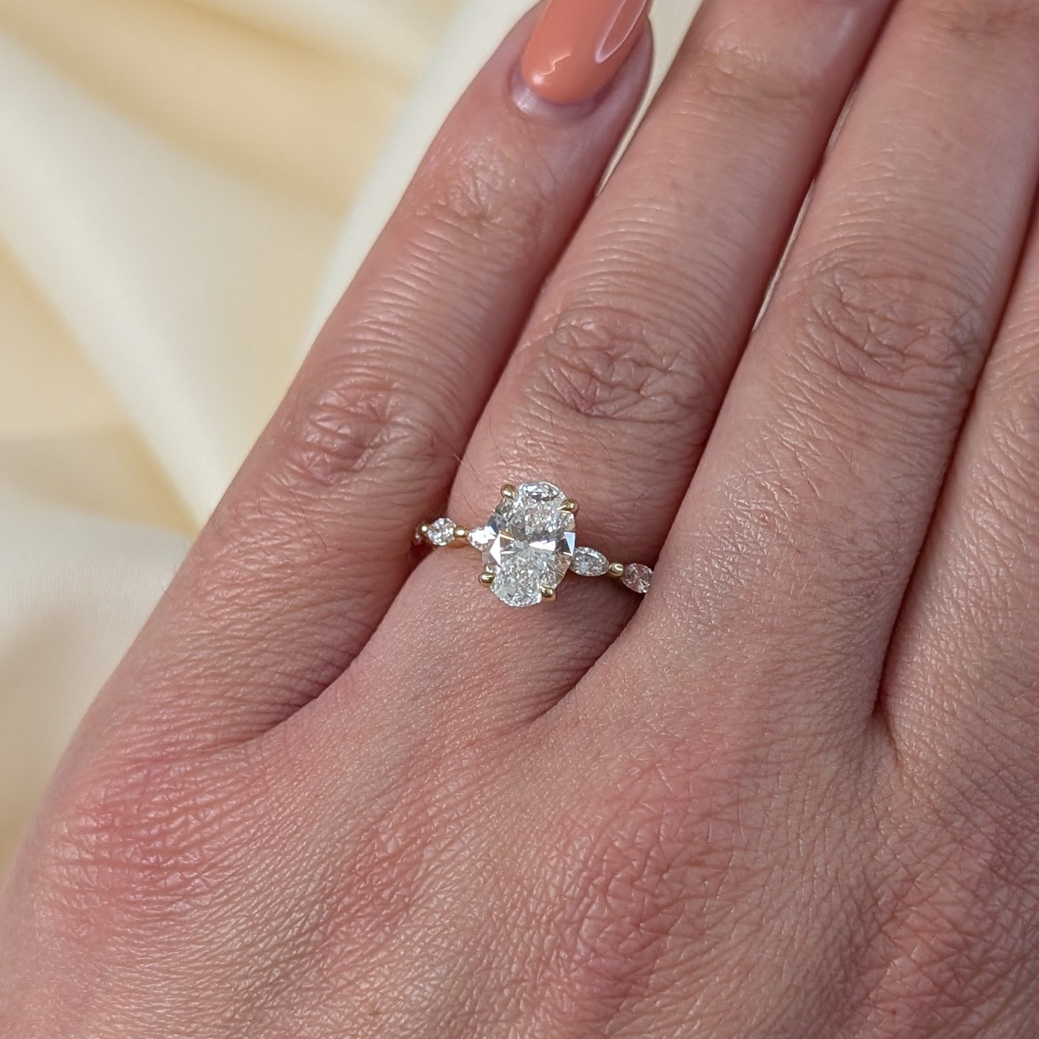 Laboratory Grown Oval Diamond Solitaire Ring with Marquise Shoulders in 18ct Yellow Gold, 1.90ct.
