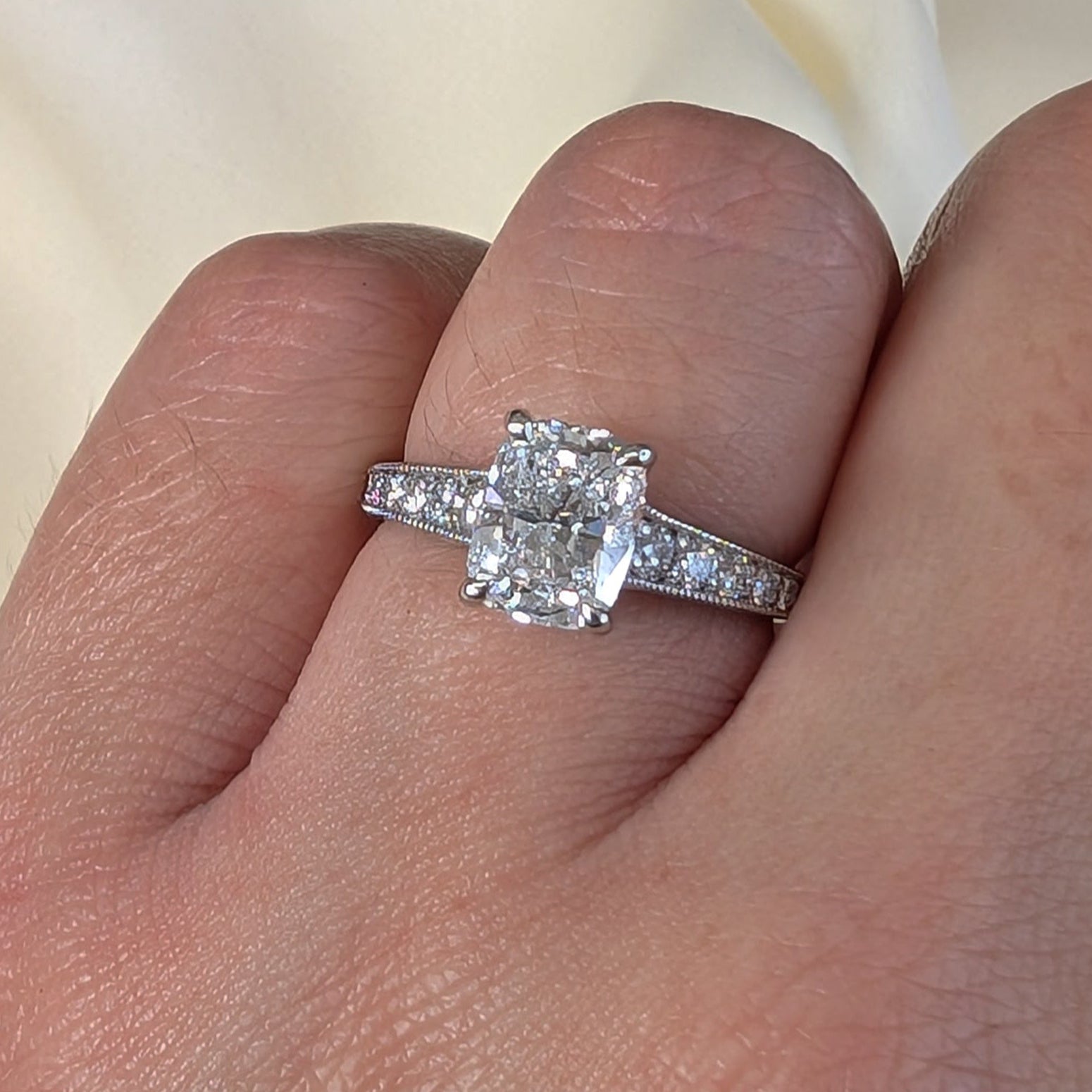 Laboratory Grown Rectangular Cushion Diamond Solitaire Ring with Shoulder Diamonds in Platinum, 1.90ct.