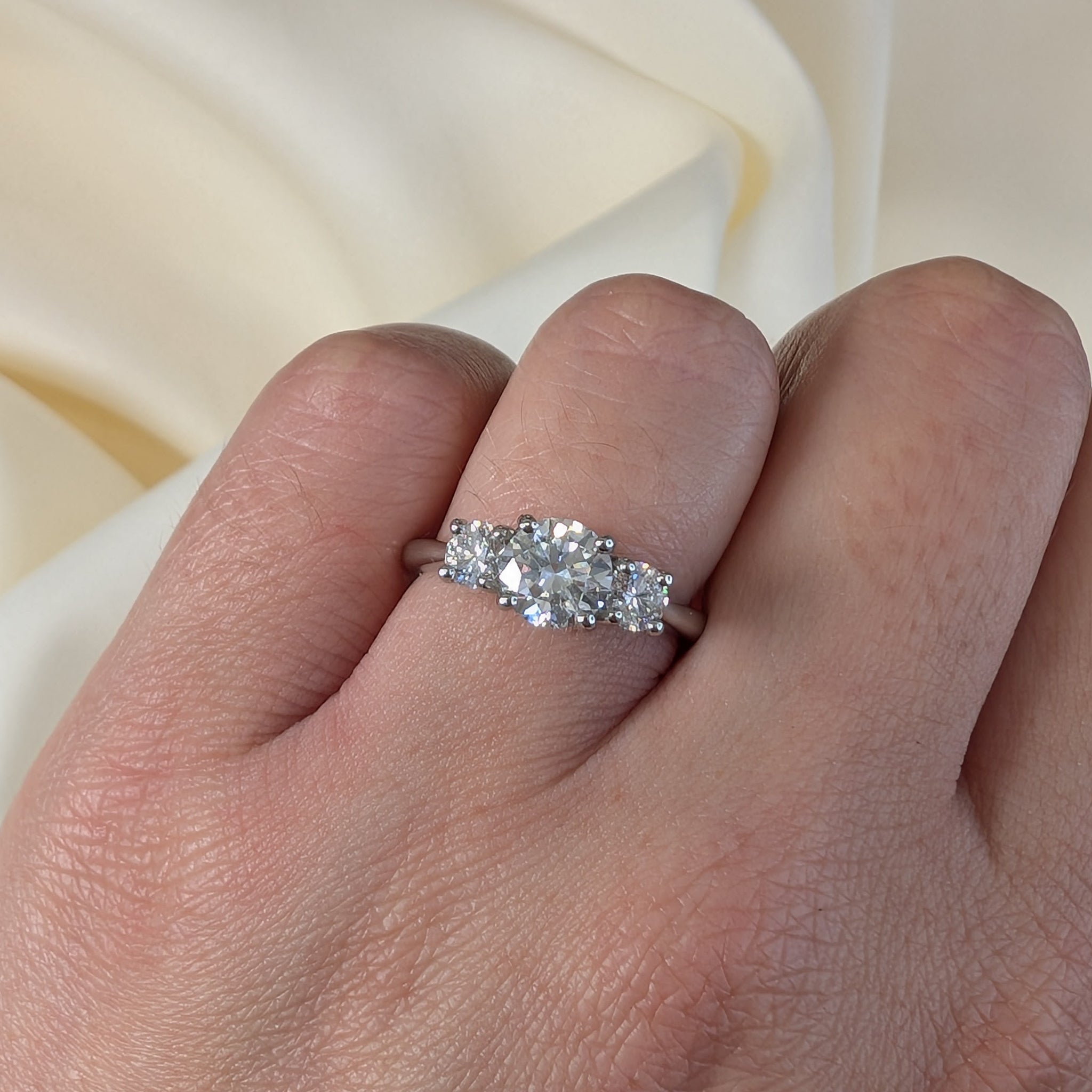 Laboratory Grown Brilliant Cut Diamond Three Stone Ring in Platinum, 1.51ct.