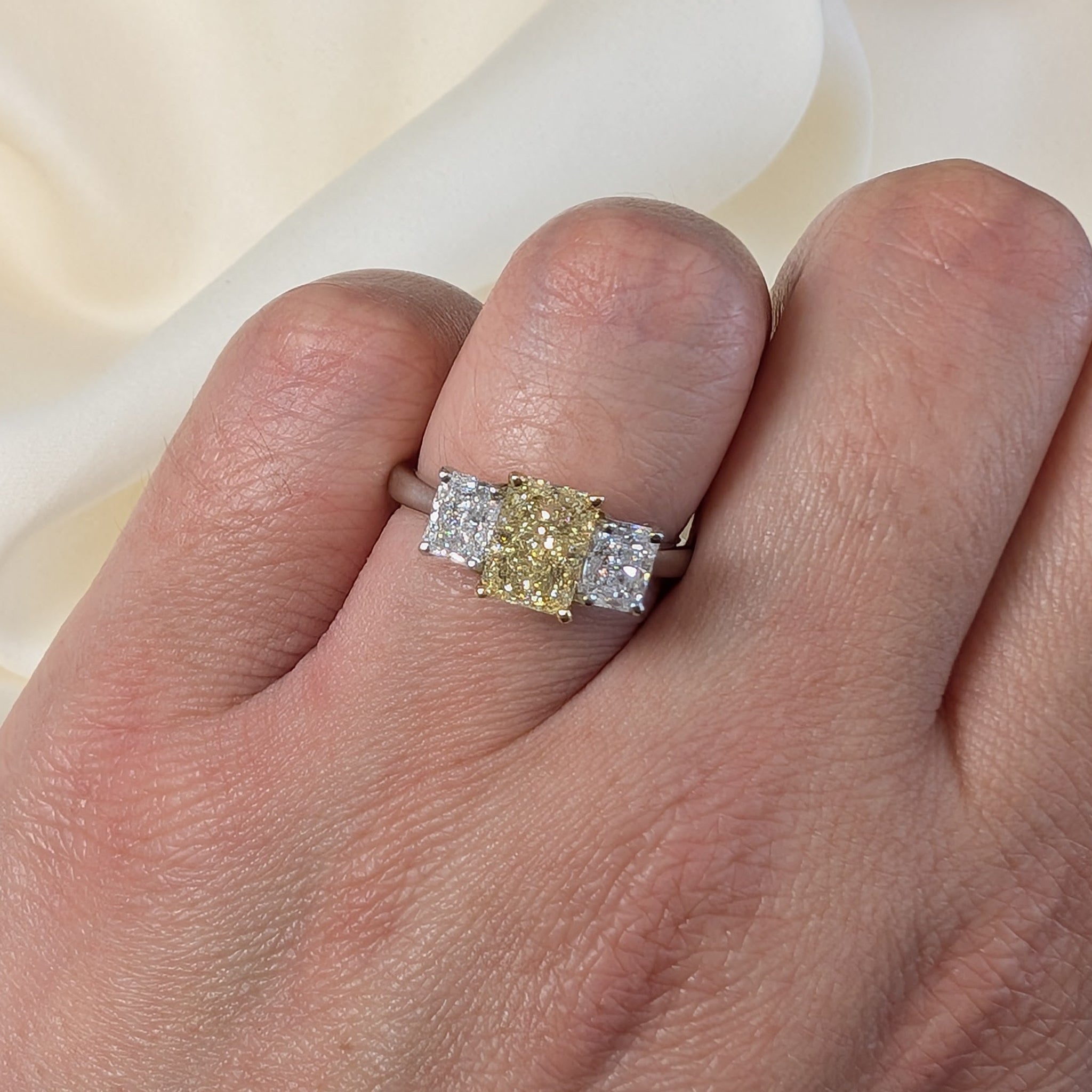 Laboratory Grown Radiant Cut Yellow Diamond Trilogy Ring in Platinum, 2.34ct.