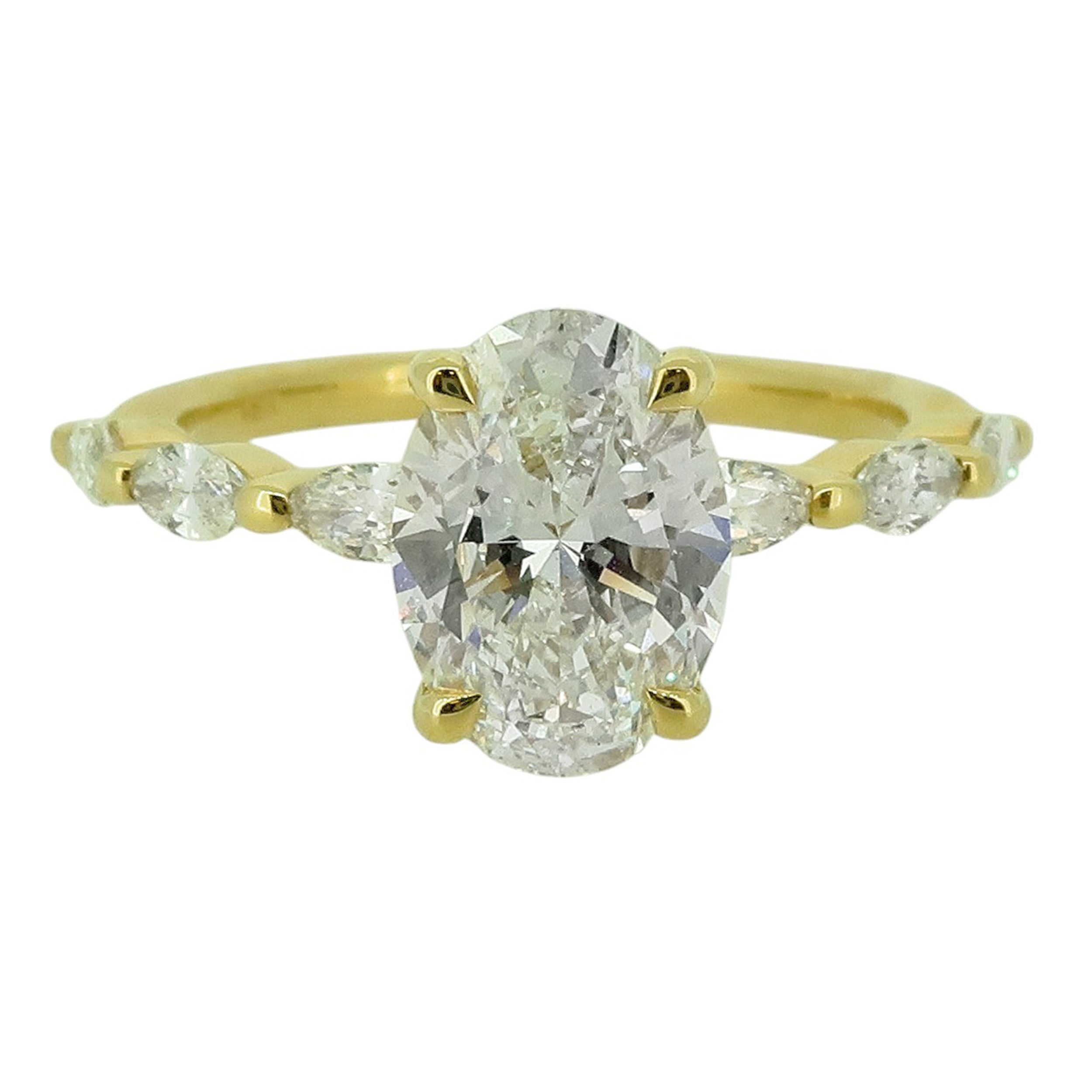 Laboratory Grown Oval Diamond Solitaire Ring with Marquise Shoulders in 18ct Yellow Gold, 1.90ct.