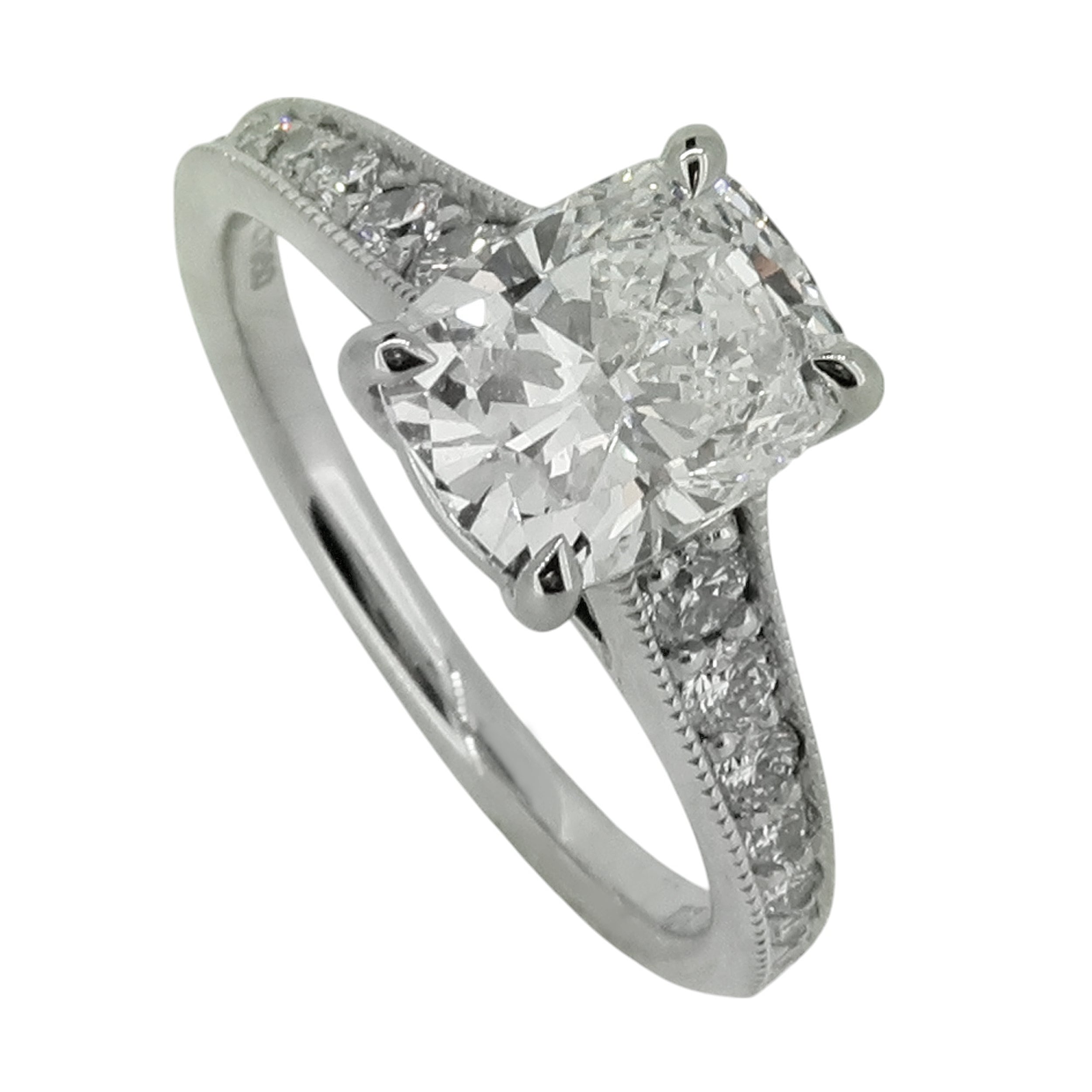 Laboratory Grown Rectangular Cushion Diamond Solitaire Ring with Shoulder Diamonds in Platinum, 1.90ct.