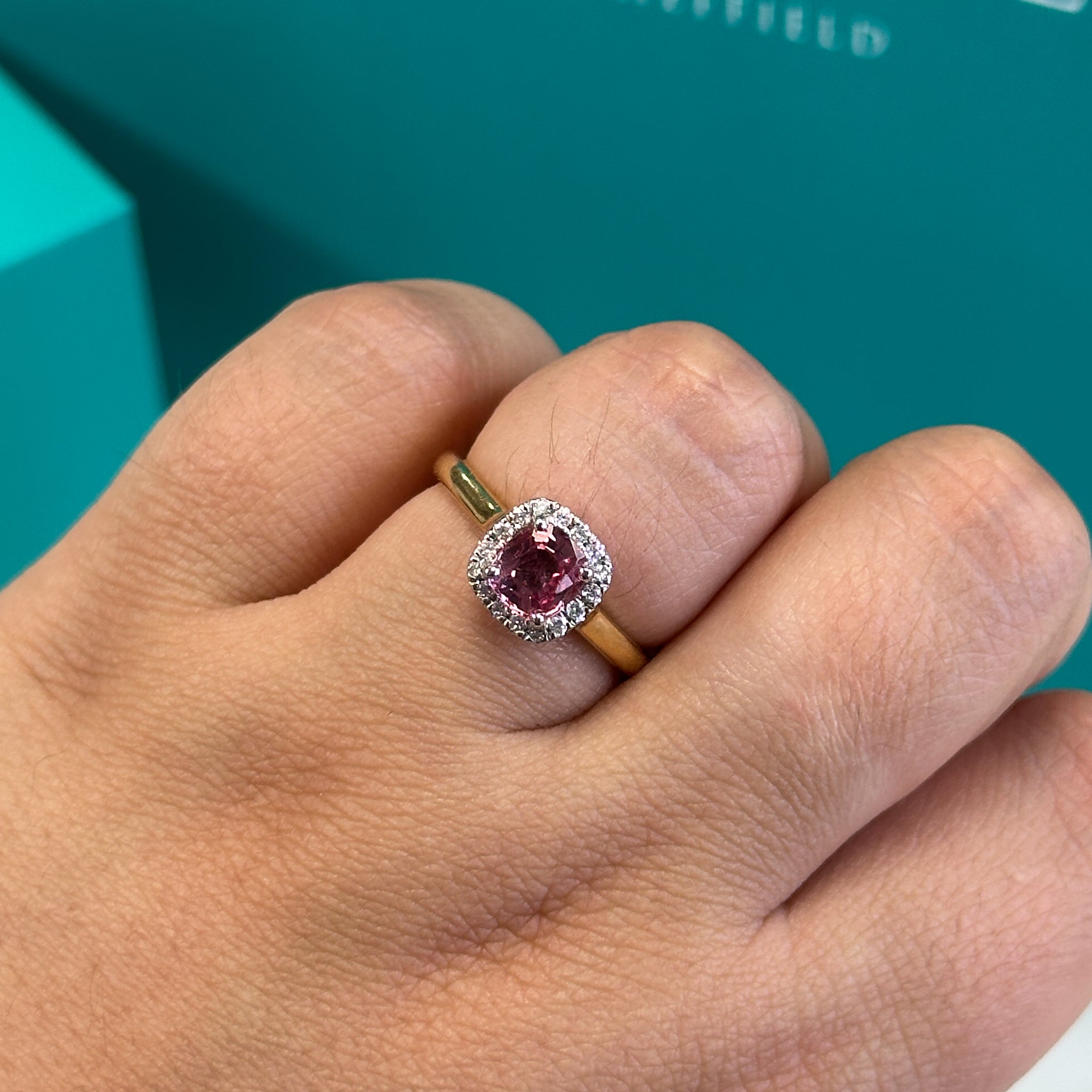 Unheated Padparadscha Sapphire and Diamond Halo Cluster Ring in 18ct Gold