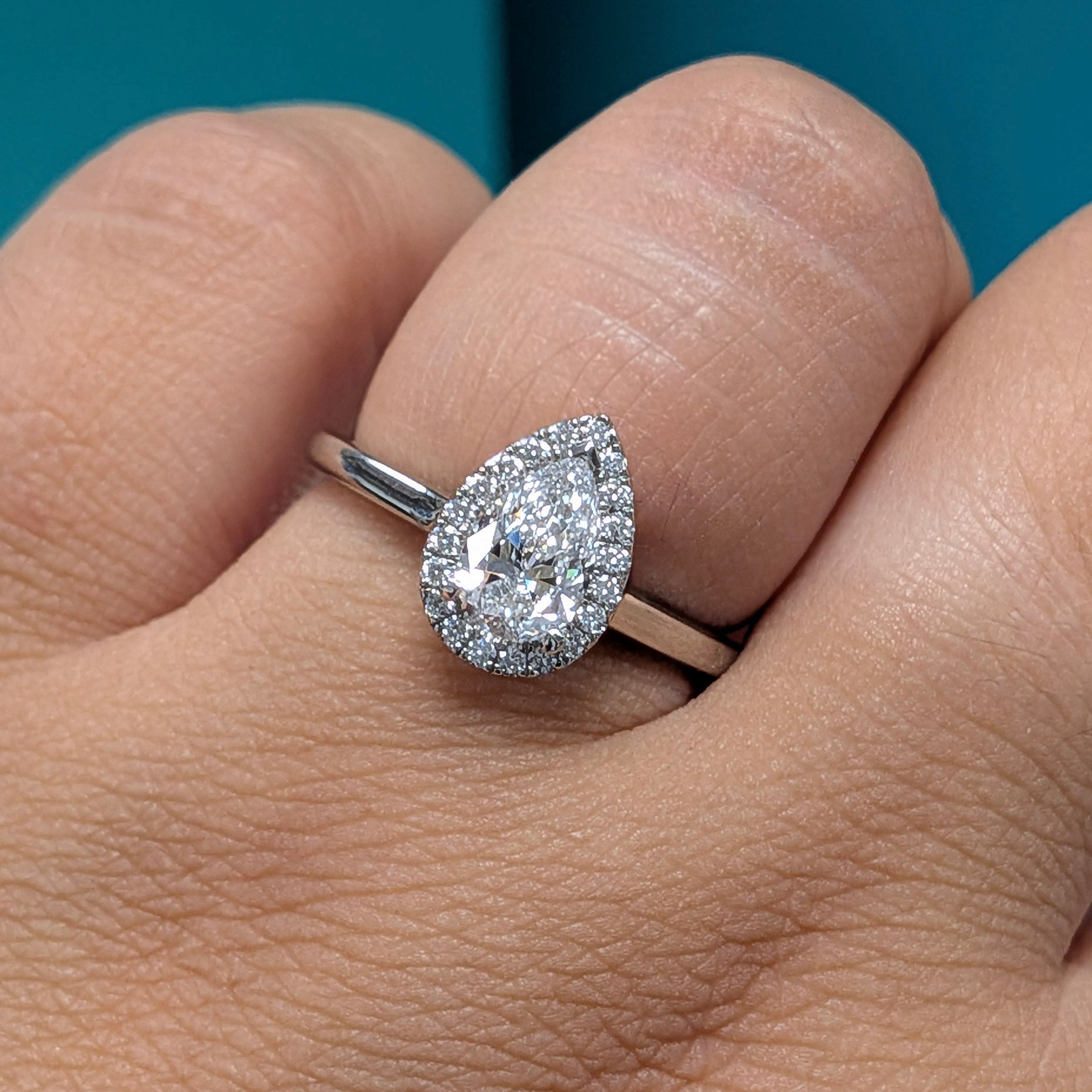 Pear Shaped Diamond Halo Engagement Ring in Platinum, 0.85ct