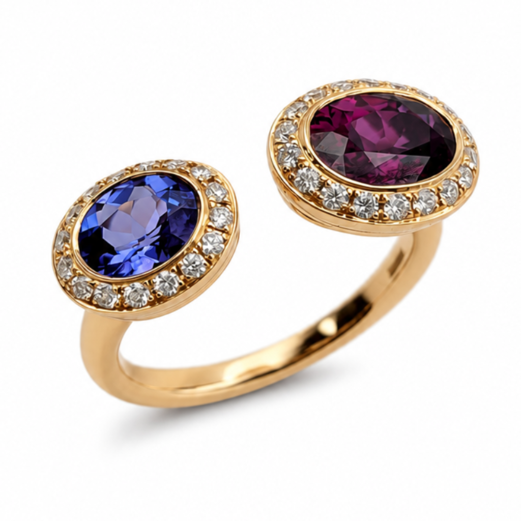 Rhodolite Garnet, Tanzanite & Diamond Toi et Moi Ring in 18ct Rose Gold, 2.50ct