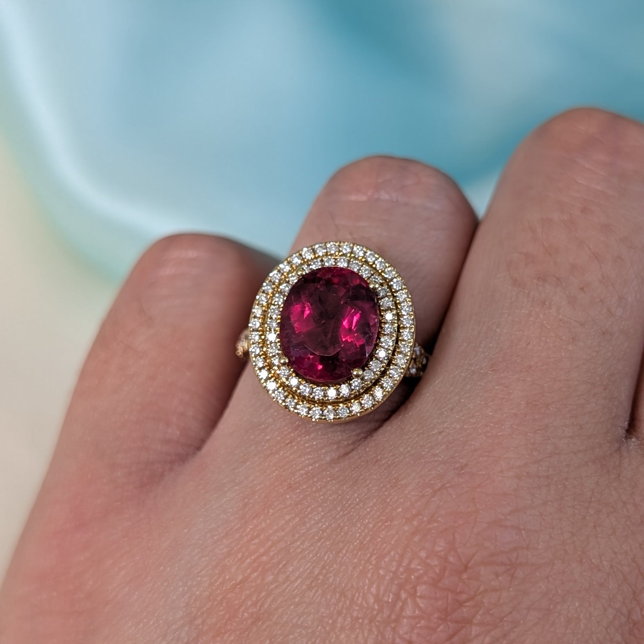 Rubellite and Diamond Double Halo Cluster Ring in 18ct Gold