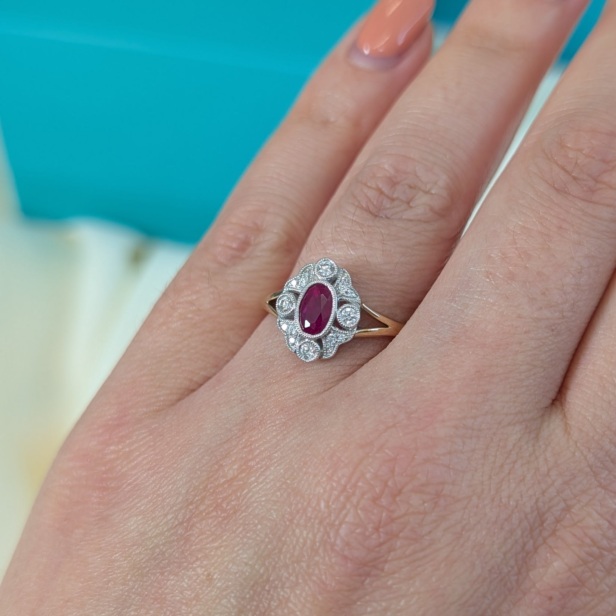 Ruby and Diamond Deco Style Cluster Ring in 9ct Gold