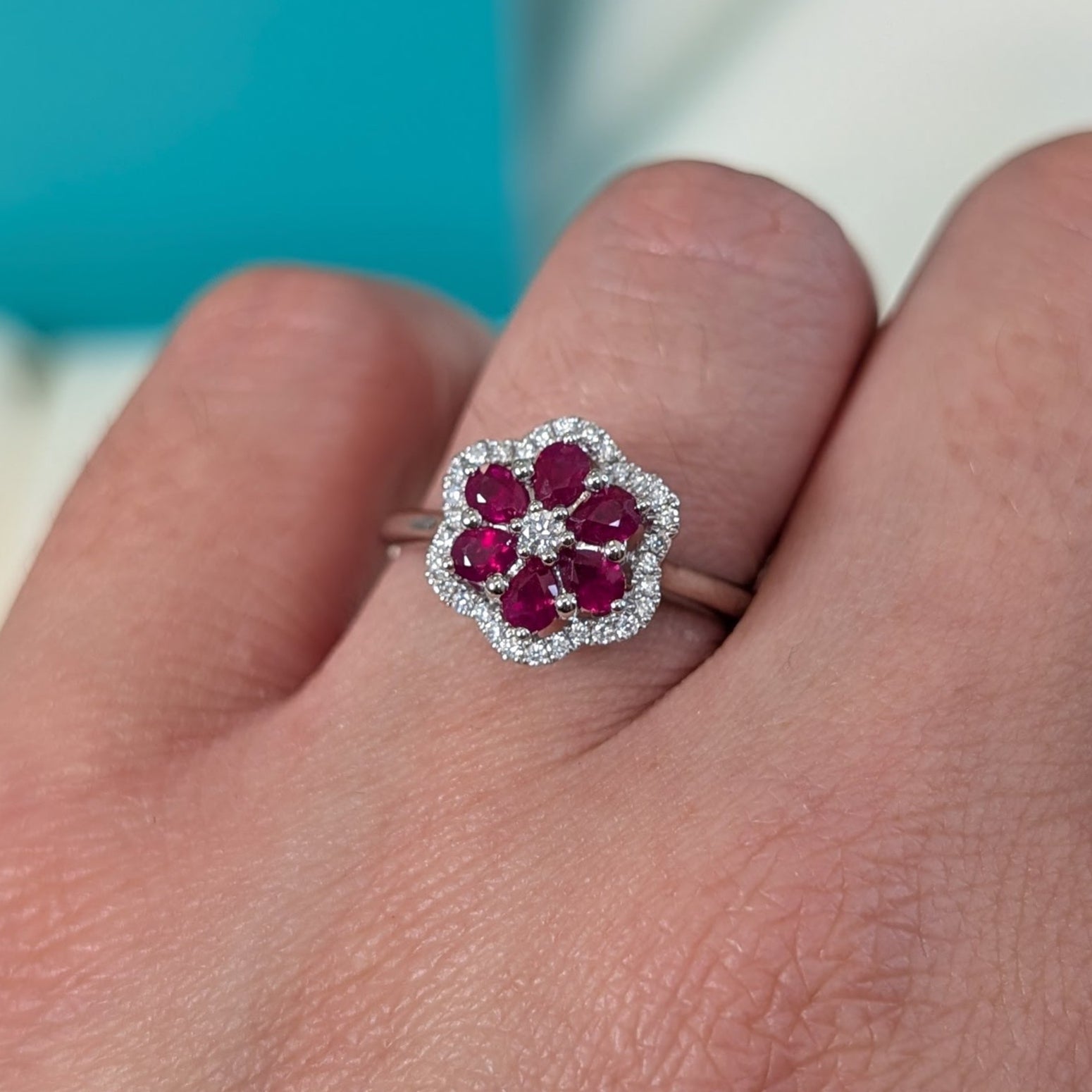 Ruby and diamond floral cluster ring in 18ct white gold