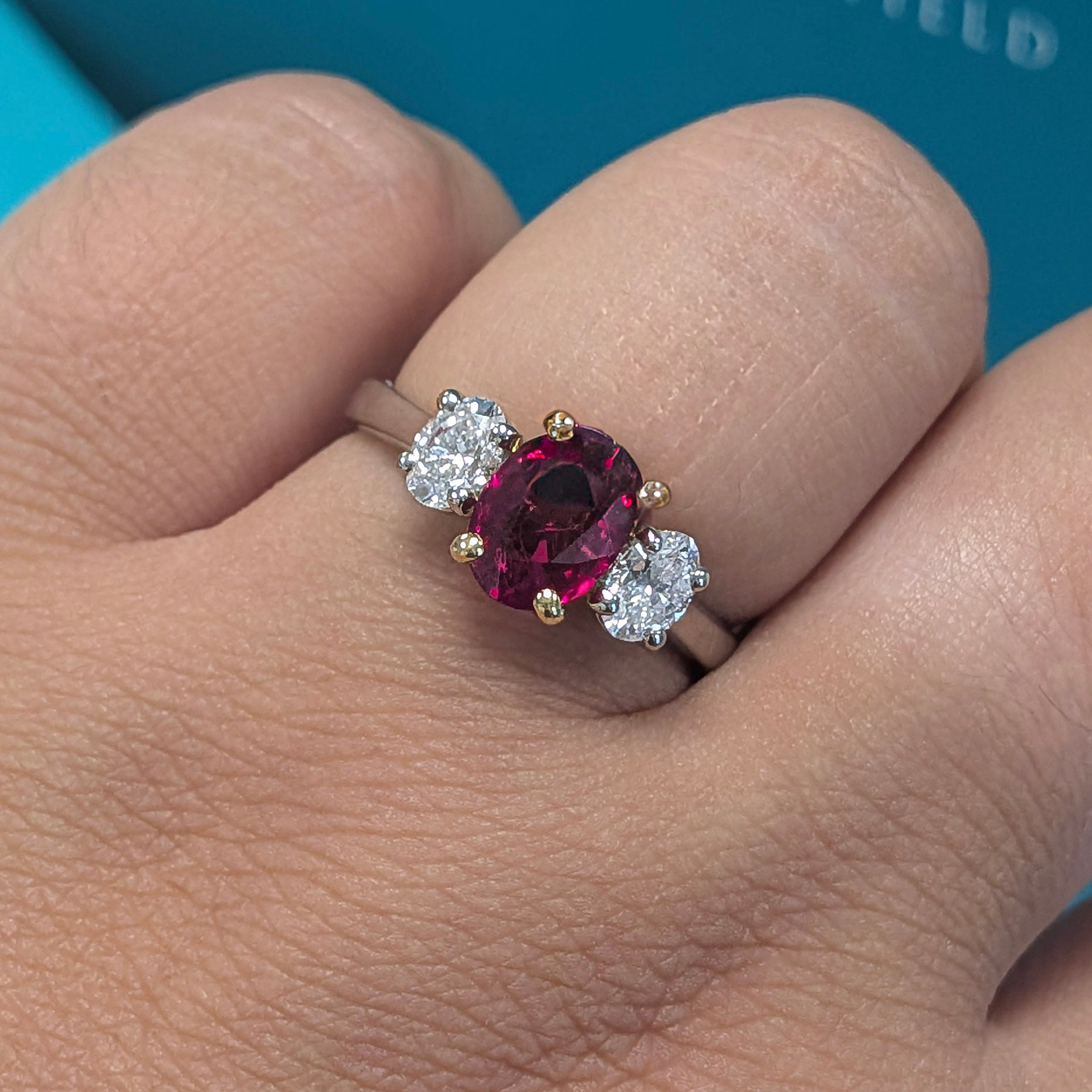 Ruby & Diamond Three Stone Ring in Platinum, 1.85ct