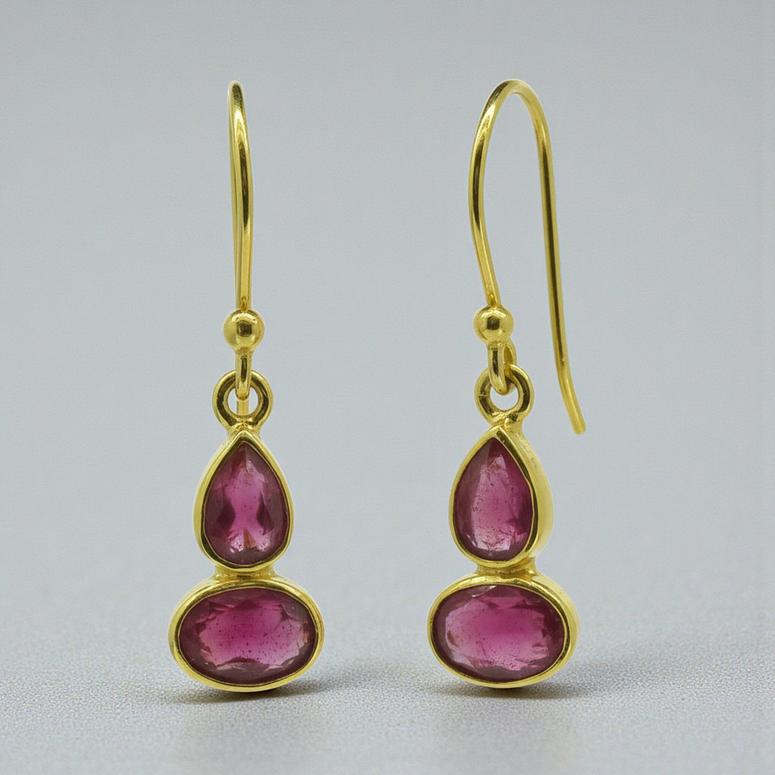 Ruby Two Stone Drop Earrings in Gold Plated Vermeil