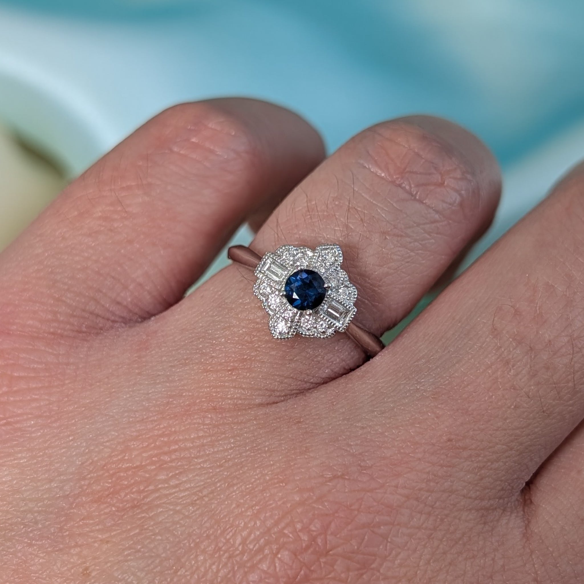Sapphire and Diamond Cluster Ring in Platinum