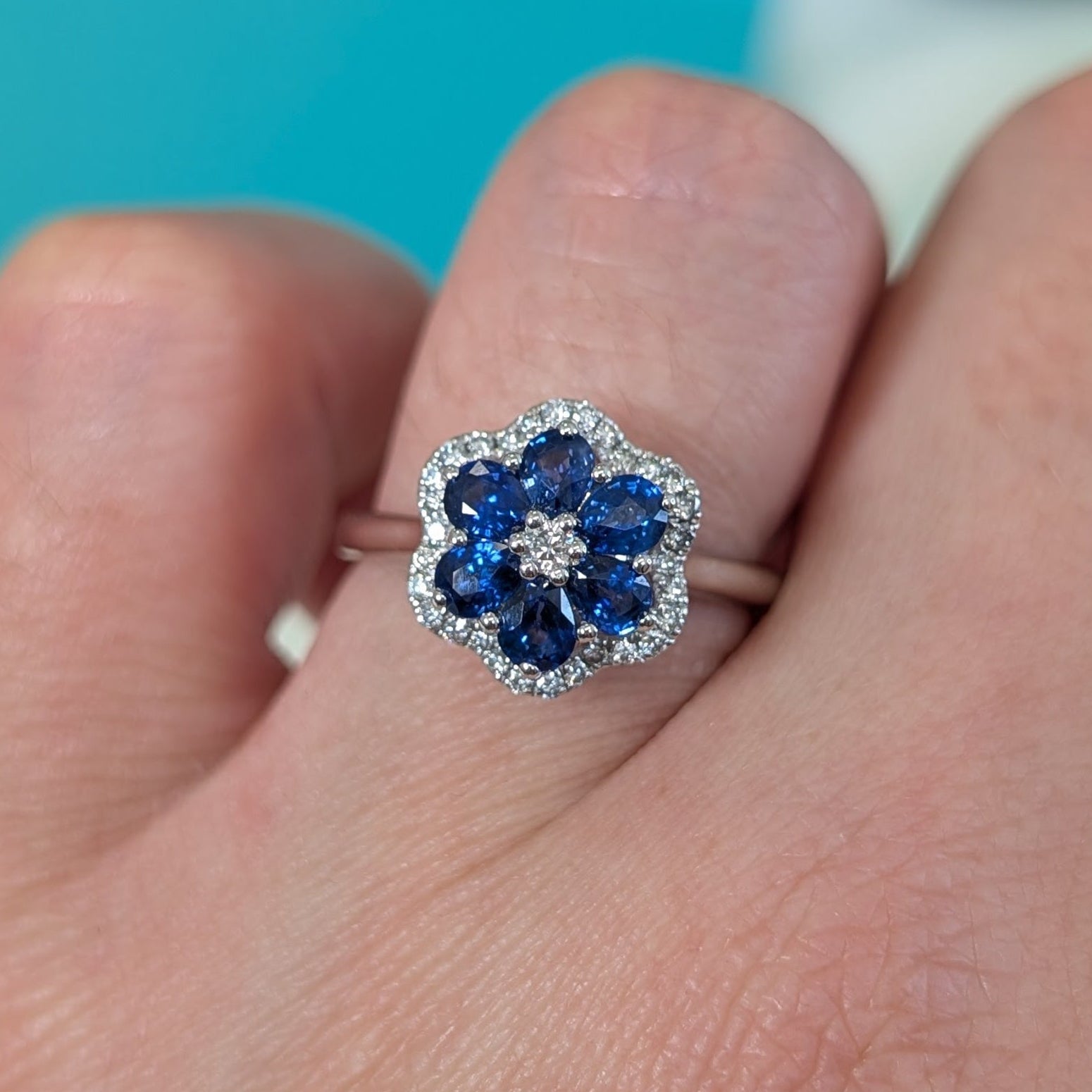 Sapphire and Diamond Floral Cluster Ring in 18ct White Gold