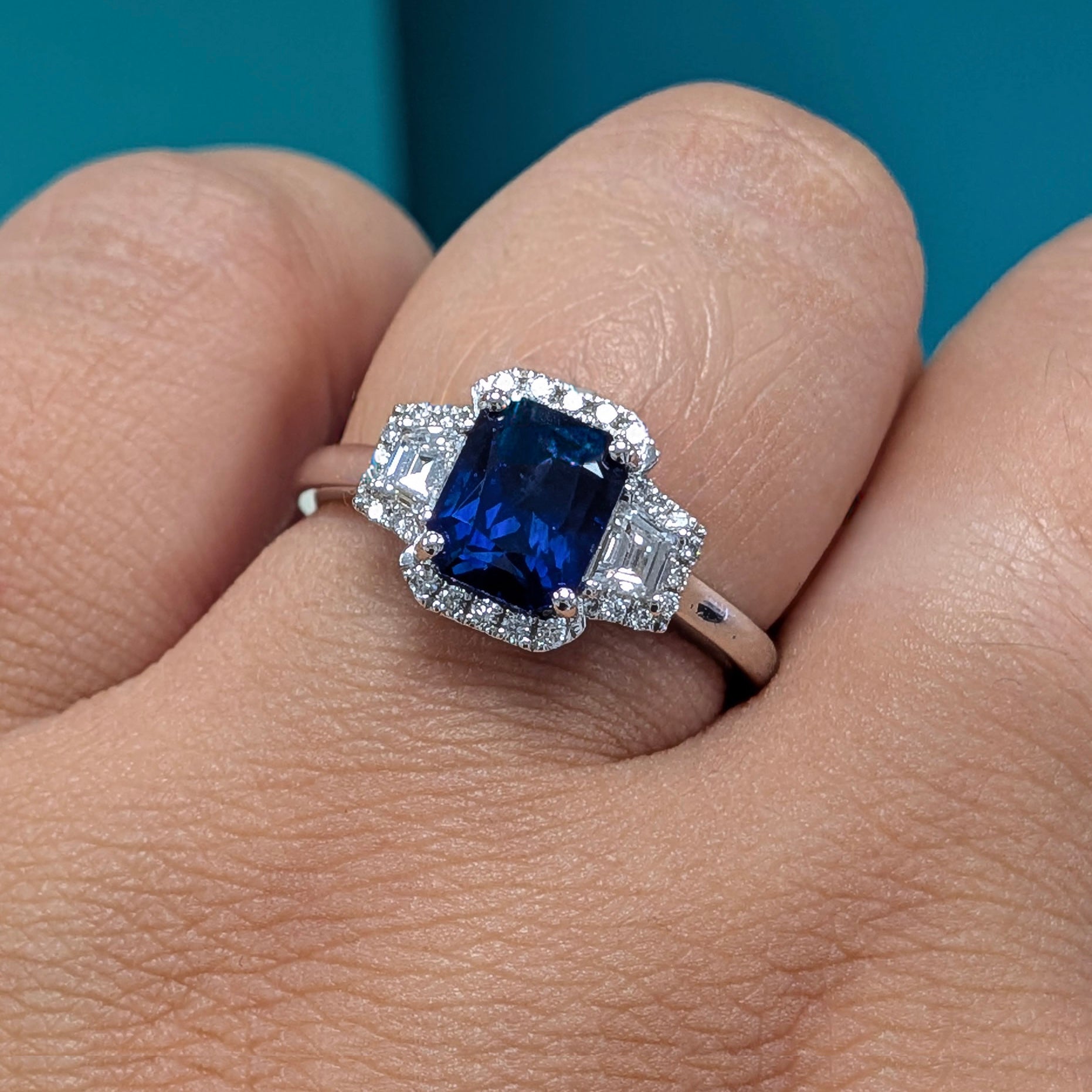 Sapphire & Diamond Halo Cluster Engagement Ring in Platinum, 2.39ct