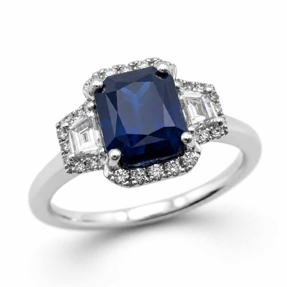 Sapphire & Diamond Halo Cluster Engagement Ring in Platinum, 2.39ct