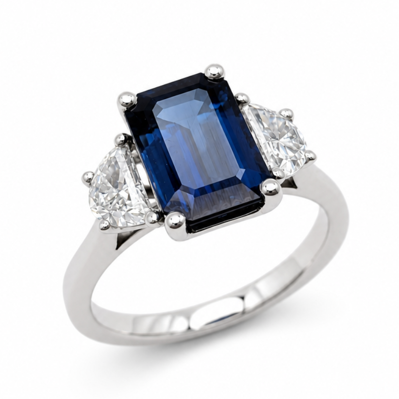 Blue Sapphire & Diamond Three Stone Engagement Ring in Platinum, 3.52ct