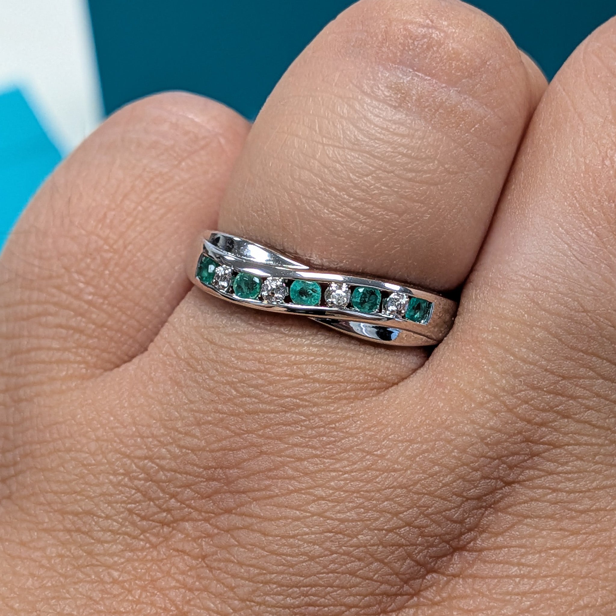 Synthetic Emerald & Diamond Crossover Dress Ring in Silver