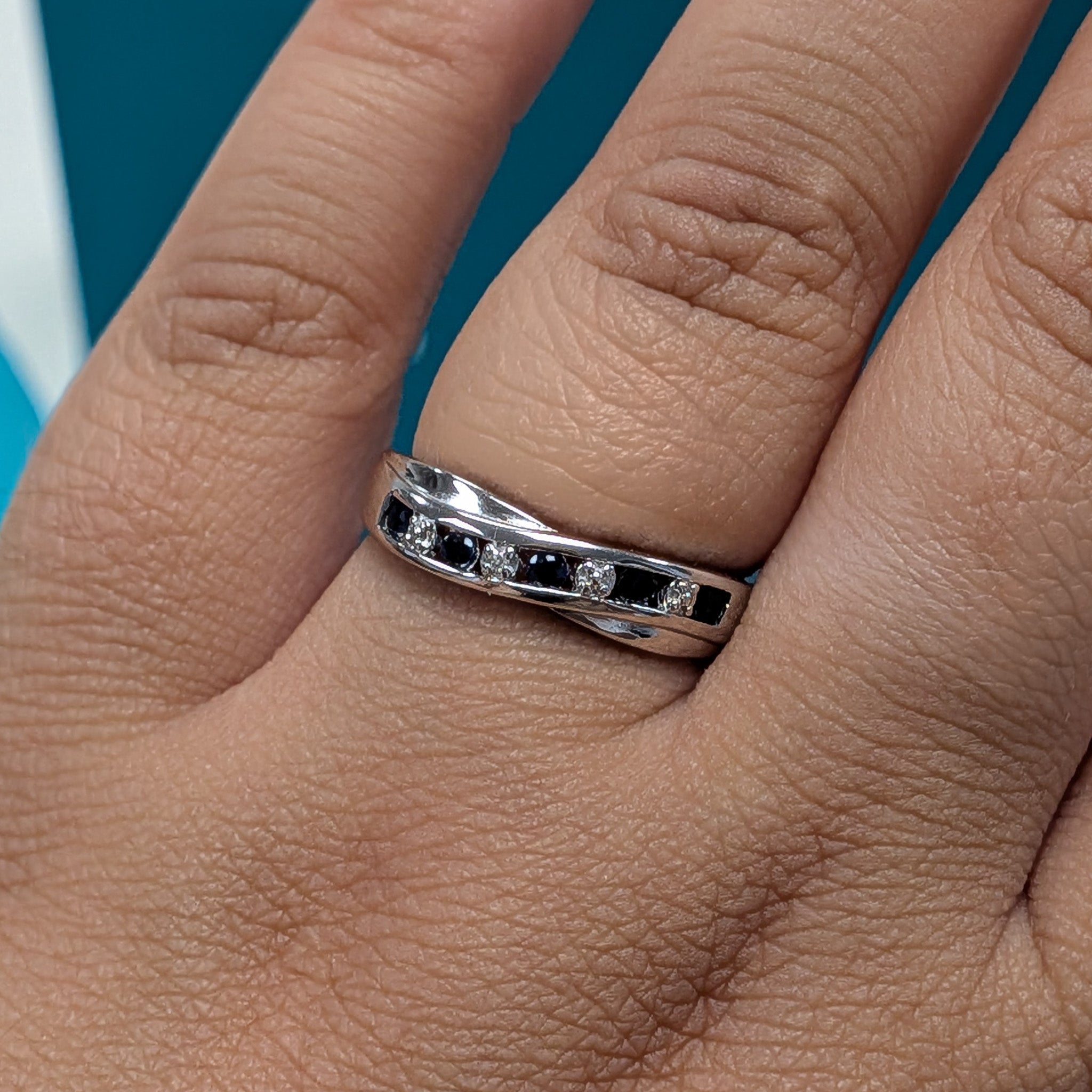 Synthetic Sapphire & Diamond Crossover Dress Ring in Silver