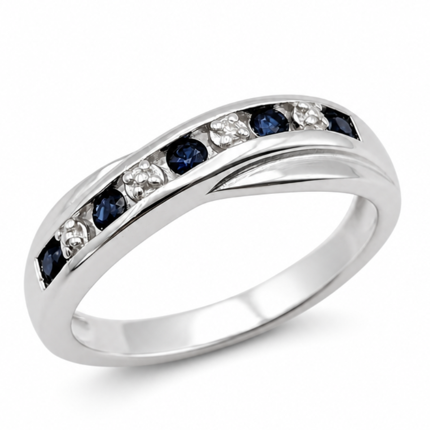 Synthetic Sapphire & Diamond Crossover Dress Ring in Silver