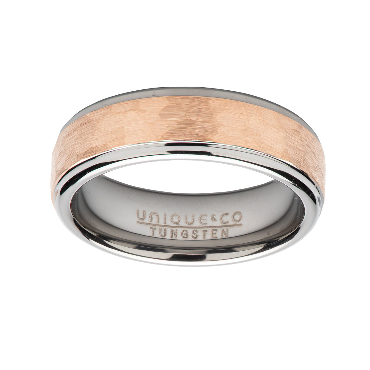 Tungsten Carbide Ring with Hammered Rose IP Plated Centre | 7mm | Made For You
