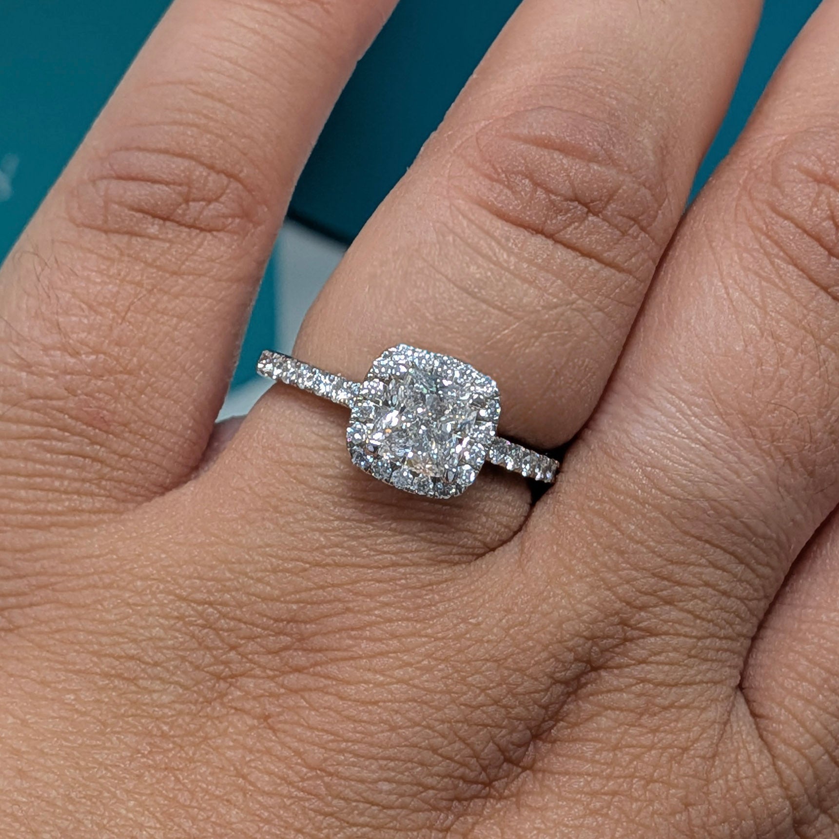 Cushion Shaped Diamond Halo Engagement Ring in Platinum, 1.65ct