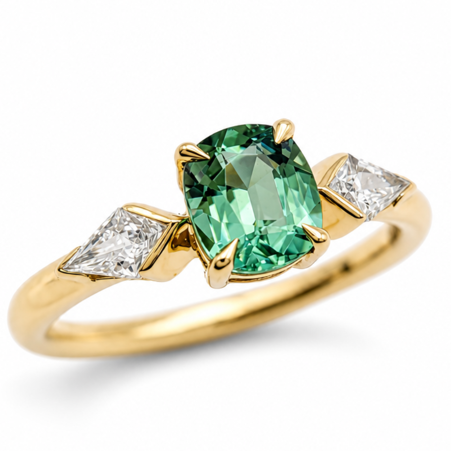 Green Lagoon Tourmaline & Diamond Three Stone Ring in 9ct Yellow Gold, 0.97ct