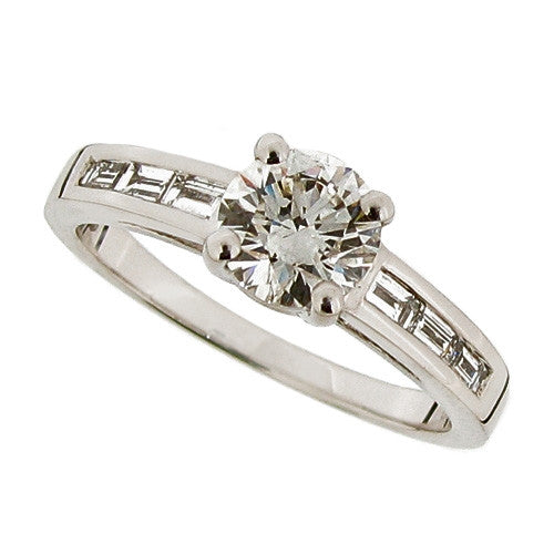 Ring - Diamond solitaire ring with baguette diamond set shoulders in platinum, 0.89ct - PA Jewellery