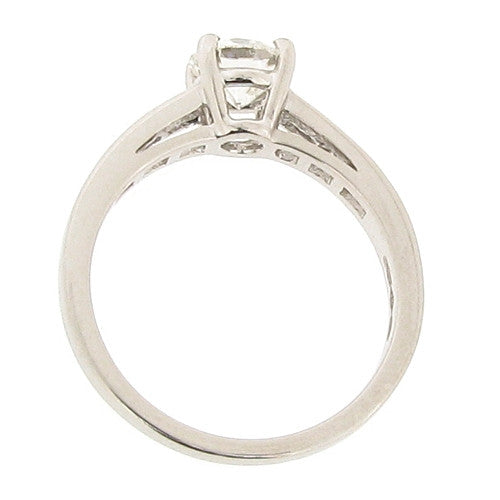 Ring - Diamond solitaire ring with baguette diamond set shoulders in platinum, 0.89ct - PA Jewellery