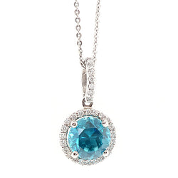 Blue zircon and diamond halo cluster pendant and chain in 18ct white gold