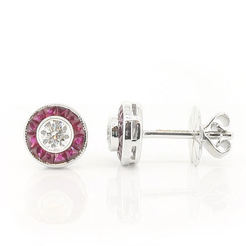 Diamond and ruby deco style cluster earrings in 18ct white gold