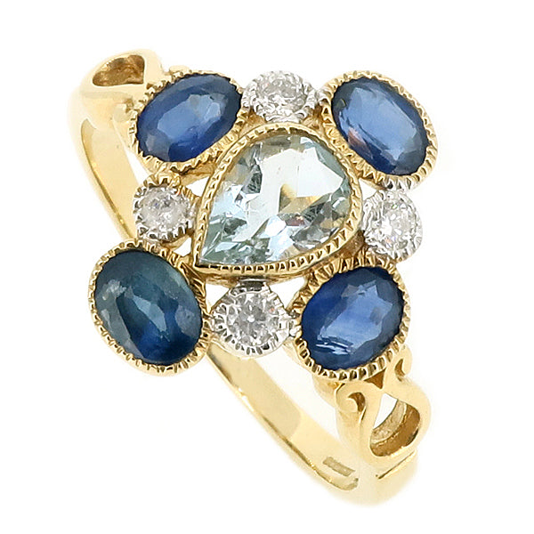 Aquamarine, Sapphire and Diamond Cluster Ring in 9ct Gold