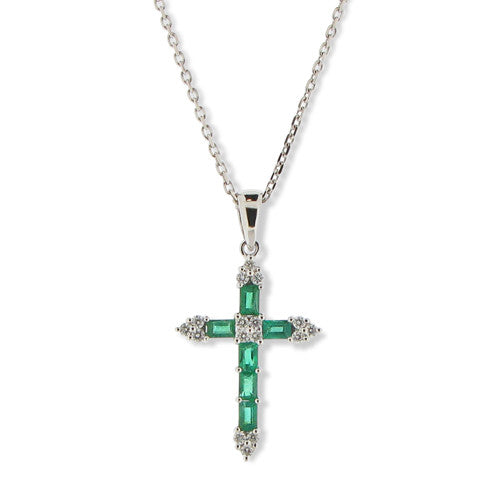 Neckwear - Emerald and diamond cross pendant and chain 18ct white gold - PA Jewellery