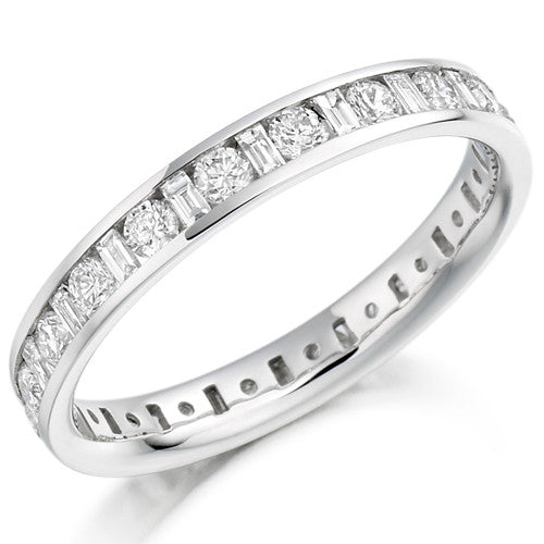 Ring - Round brilliant and baguette cut diamond channel set full eternity ring, 1.15ct - PA Jewellery
