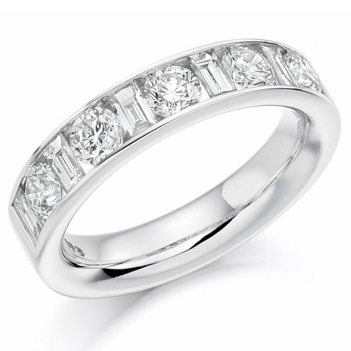 Ring - Round brilliant and baguette cut diamond channel set half eternity ring, 1.50ct - PA Jewellery