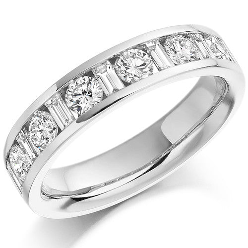 Ring - Round brilliant and baguette cut diamond channel set half eternity ring, 1.08ct - PA Jewellery
