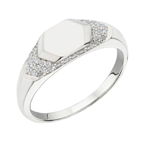 Cubic zirconia hexagonal top signet ring in silver