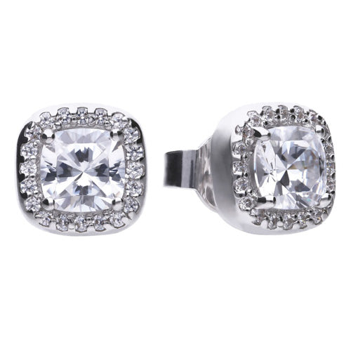 Cubic zirconia cushion shape halo cluster earrings in silver