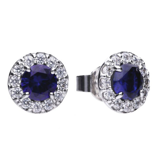 Blue Cubic Zirconia Halo Cluster Earrings in Silver