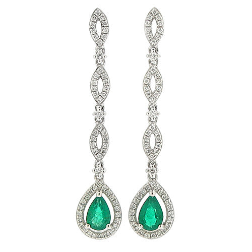 Earrings - Emerald and diamond drop earrings in 18ct white gold - PA Jewellery